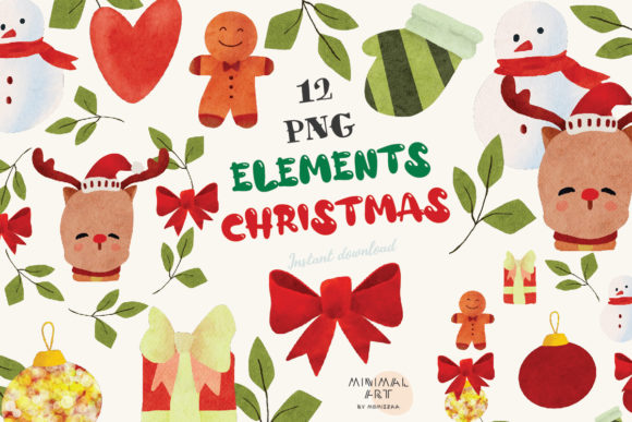 12 Elements Watercolor Christmas Png Illustrations