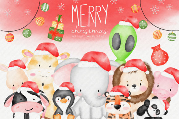 Animal Merry Christmas Watercolor Set Illustrations