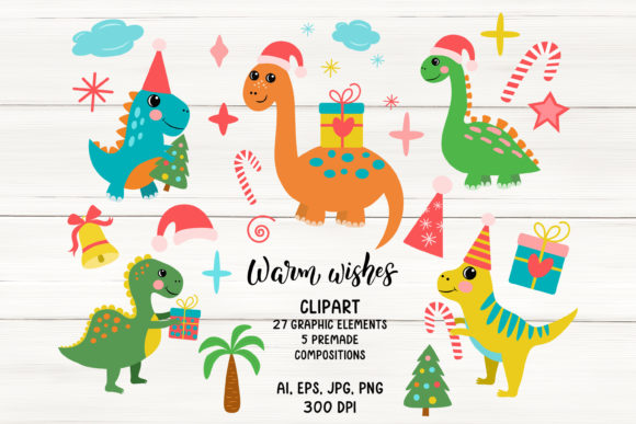 Christmas Dinosaur Clipart for Sublimation and Illustrations