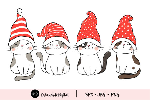 Gnome Cats Christmas Clipart Illustrations