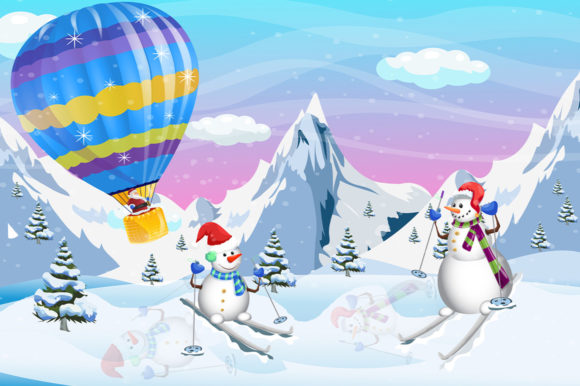 Hot Air Balloon Christmas Santa and Snow Illustration