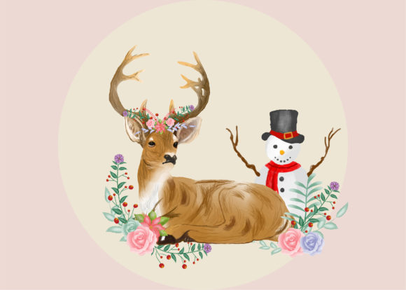 Merry Christmas Deer with Flower Style Illustration
