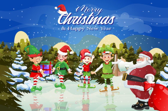 Merry Christmas Santa Claus and Elves Illustration Review