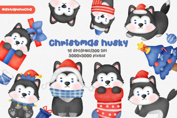 Watercolor Christmas Husky Dogs Clipart for Branding and Marketing