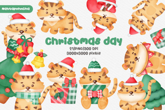 Watercolor Cute Christmas Tiger Clipart for Illustrations